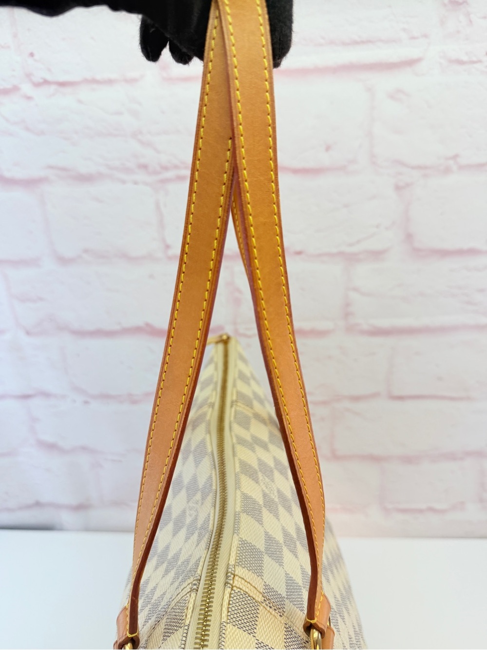 Luxury Checkered Canvas Tote with Tan Leather Straps - Picture 9 of 14
